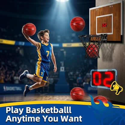 Indoor Mini Basketball Hoop Set – Over The Door with Wood Backboard & Iron Rim – Includes 2 Balls & Air Pump – Anti-Shock Padding – 16"x12"x3"