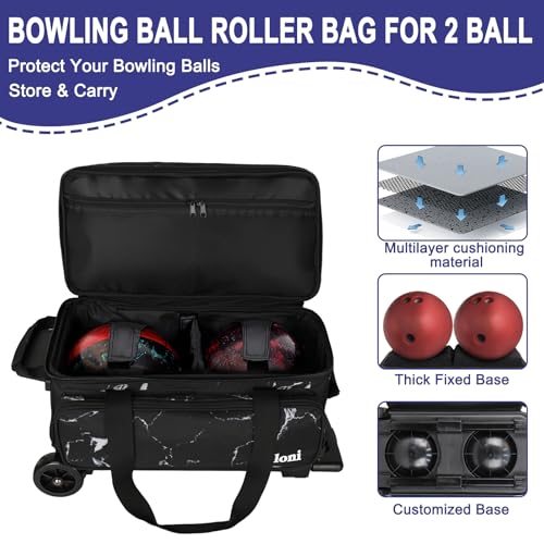 Goloni Double Roller 2 Ball Bowling Bag with Separate Shoe Compartment,2 Ball Bowling Bag with Wheels,Retractable Handle Extends to 40" - color: Marble