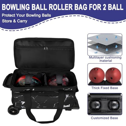 Goloni Double Roller 2 Ball Bowling Bag with Separate Shoe Compartment,2 Ball Bowling Bag with Wheels,Retractable Handle Extends to 40" - color: Marble