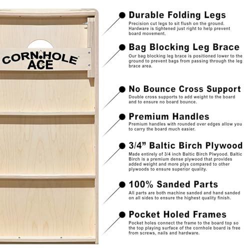 CornholeAce Custom Professional Cornhole Board Set - No Bounce! Made of 3/4 inch Baltic Birch Plywood, Includes Handles, Made in USA, Tournament Style, ACE Pro Series