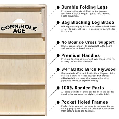 CornholeAce Custom Professional Cornhole Board Set - No Bounce! Made of 3/4 inch Baltic Birch Plywood, Includes Handles, Made in USA, Tournament Style, ACE Pro Series