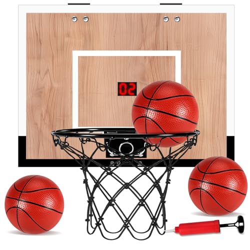 NZQXJXZ Indoor Basketball Hoop for Kids, Mini Basketball Hoops Over The Door and Wall Mount with Wooden Backboard, 3 Balls and Pump, Idea Toys Gifts for Kids and Adult,Score Version