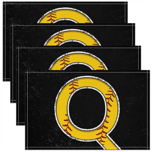 Erosebridal Initial Placemats 12x18 inch Set of 4 Boys Baseball Monogrammed Place Mats for Dining Table | Softball Sports Gaming Table Place Mats Yellow Letter Scratch Proof Placemats - color: Yellow Q