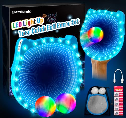3D LED Light Up Toss Catch Ball Game Set Toys for Back Yard Outdoor Party Favors Glow in Dark Sticky Paddle Baseball Gift Age 5 6 7 8 9 10 11 12 Years Old Girls Boy Kid Family Adult - color: Blue 1 Paddle 2 Balls