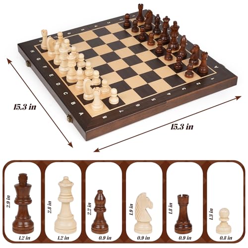 15" Magnetic Wooden Chess Set for Kids,Adults & Beginners with 3" King & 2 Extra Queens – Portable Folding Travel Chess Board with Storage – Classic Strategy Game