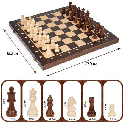 15" Magnetic Wooden Chess Set for Kids,Adults & Beginners with 3" King & 2 Extra Queens – Portable Folding Travel Chess Board with Storage – Classic Strategy Game