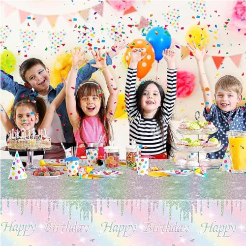 Kesfey 3 Packs Rainbow Birthday Plastic Tablecloths 54×108 Inch Silver Rainbow Tie Dye Party Table Cloth Disposable Waterproof Pastel Silver Sprinkle Glitter Table Cover for Birthdays Party - color: Rainbow Birthday