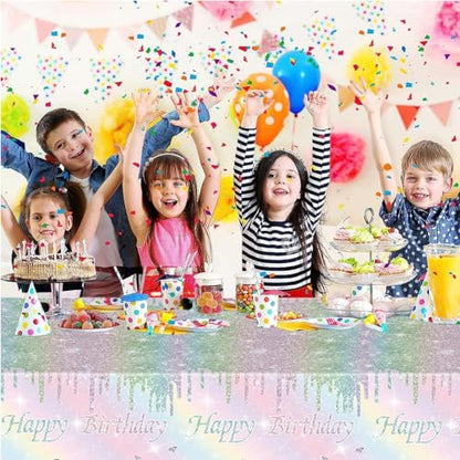 Kesfey 3 Packs Rainbow Birthday Plastic Tablecloths 54×108 Inch Silver Rainbow Tie Dye Party Table Cloth Disposable Waterproof Pastel Silver Sprinkle Glitter Table Cover for Birthdays Party - color: Rainbow Birthday