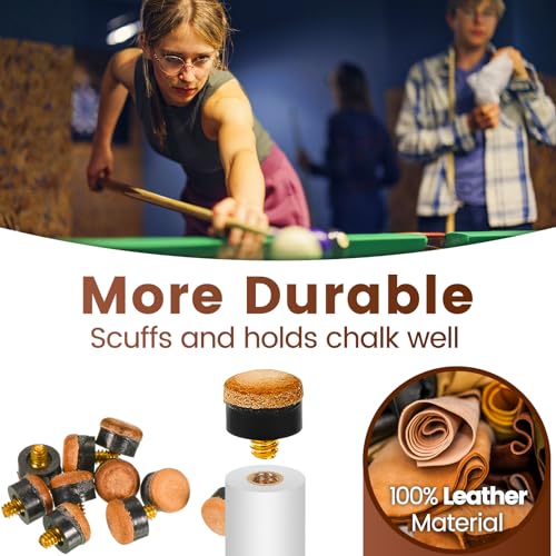 [2 Packs] Billiard Pool Cue Tips -16PCS 12MM Screw in cue Tips with Ferrules and 12mm Brown Leather Screw On Replacement Repair Kit with Storage Box