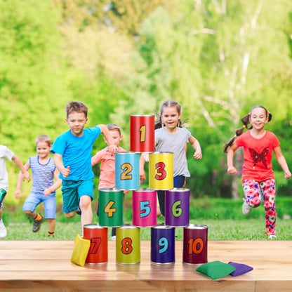 13 Pcs of Bean Bag Toss Game Carnival Knockdown Can Throwing Game Sets 10 Tin Cans with Letter or Number Pattern and 3 Bean Bag for Kids Holiday Easter Party Outdoor Lawn Yard Activity - style: Comic Style