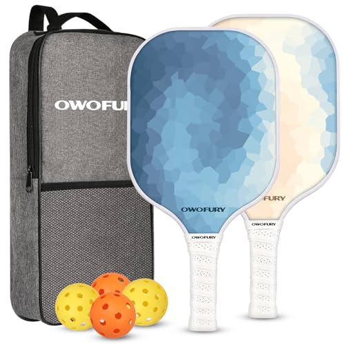 Fiberglass Pickleball Paddles Set of 2, Pickle Ball Racket Lightweight Honeycomb Core Control Paddle, with 4 Indoor Outdoor Balls and Bag for Men Women - color: Blue Cream
