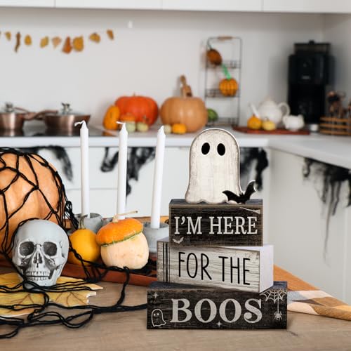 Lineshading 4 Pcs Halloween Table Decoration Wooden Ghost Tiered Tray Decor Rustic Wood Bat Ghost Block Signs Halloween Centerpiece Farmhouse for Home Tabletop Kitchen Shelf and Party Gift - style: Bat Ghost
