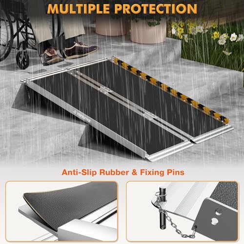 Portable Wheelchair Ramp 4FT, Aluminum Foldable Handicap Ramp, Weight Capacity Up to 600 LBS, Anti-Slip Threshold Ramp for Wheelchairs for Home, Stairs, Steps, Doorways - size: 4FT Using Height 4"-12"