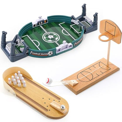Soulchen Sports Table Top Game Set Mini Tabletop Wooden Bowling, Wooden Basketball, Plastic Soccer Set Office Desk Toy Decor Gag Fun Soccer Football Competition Party Favors Gifts