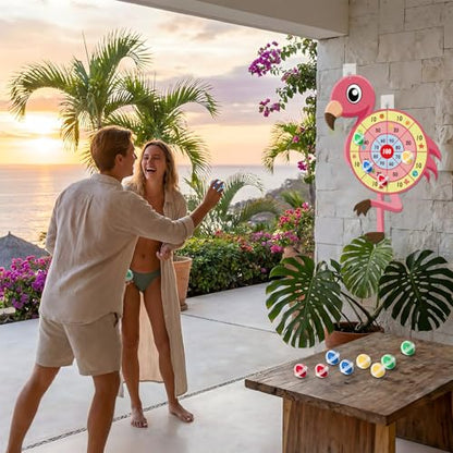 29" Large Flamingo Dart Board,Hawaii Dart Board Set Hello Summer Dart Shooting Fun Party Play Game Toys Tropical Party Supplies with 12 Stick Balls, Hook