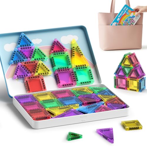 Mini Magnetic Tiles for Kids Travel: 40 PCS Pocket Magnet Building Blocks in Tin Box to Stop Crying - 60 Mins Quiet Play at Church Restaurant - Boys Girls Age 3-8 - style: Candy Color 40PCS