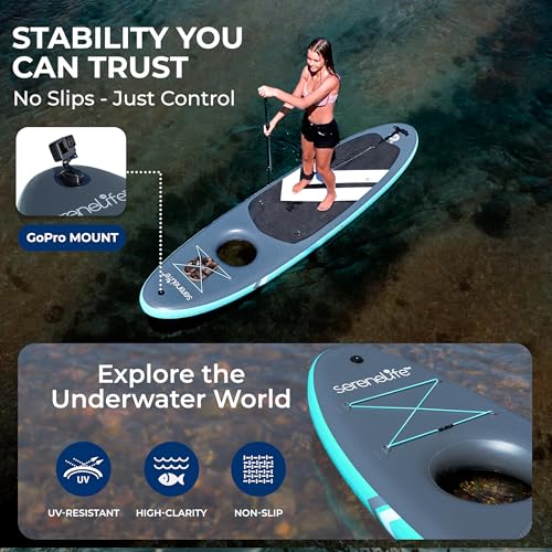 SereneLife 10’6” Inflatable Stand Up Paddle Board with Premium SUP Accessories - 32” Wide Stable Design with Non-Slip EVA Deck Pad, for Youth and Adults, 350 lbs. Capacity - color: Window - Grey