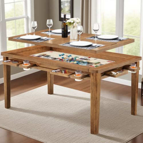 Haddockway 63" ×39“ Board Game Table with Removable Top, Solid Wood Dining/Gaming Table for 4-6 Players with Play Mat, 6 Detachable Cup Holders & 6 Hobby Trays (Rosewood) - color: Rosewood