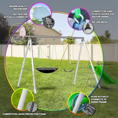 Sportspower Super Saucer Hoop and Swing Outdoor Backyard Swing Set with Basketball Hoop, Saucer Swing, Sling Swing, 5-ft Double-Walled Blow Molded Slide, and Bonus Anchor Kit – White/Silver