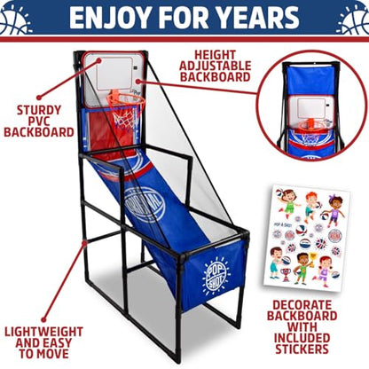 Pop-A-Shot Lil’ Pop Game | Indoor Arcade Basketball Hoop for Kids Age 3-6 | 3 Balls & Sticker Pack | Electronic Scoreboard, Music, Sound FX
