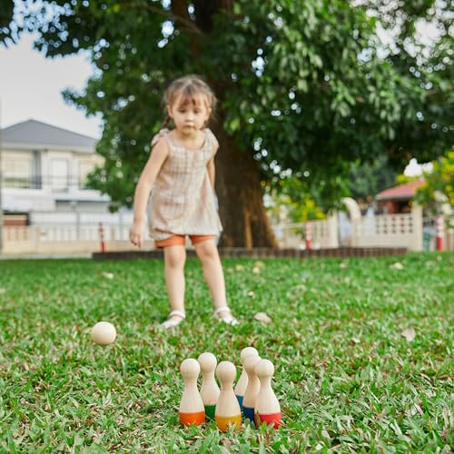 PlanToys® Bowling Set Wooden Montessori Gross Motor and Coordination Toy | Movement, Concentration and Early Math Learning Activity | Eco Friendly Indoor and Outdoor Bowling Game