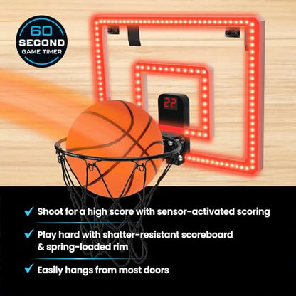 Over-The-Door LED Basketball Hoop with Electronic Scoring & Sound, Light-Up Backboard, Indoor Mini Sports Game, Includes Countdown Timer, Mute Mode, Metal Rim, Easy Setup