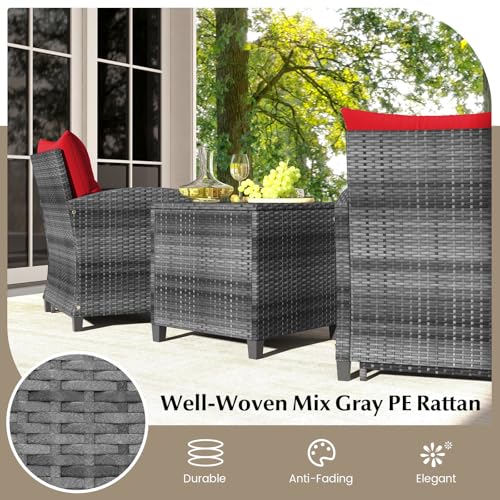 Tangkula 5 Pieces Patio Conversation Set, PE Wicker Rattan Outdoor Furniture Set with 2 Chairs, 2 Ottomans & Tempered Glass Coffee Table, Ideal for Poolside, Backyard, Lawn, Deck, Mix Grey & Red - color: Mix Grey & Red