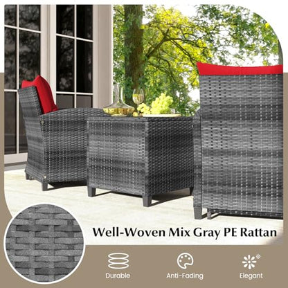 Tangkula 5 Pieces Patio Conversation Set, PE Wicker Rattan Outdoor Furniture Set with 2 Chairs, 2 Ottomans & Tempered Glass Coffee Table, Ideal for Poolside, Backyard, Lawn, Deck, Mix Grey & Red - color: Mix Grey & Red