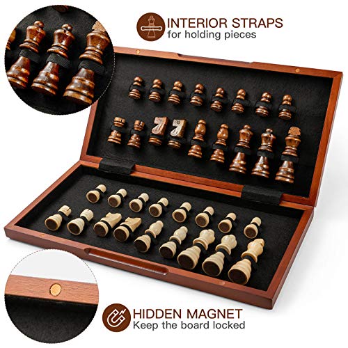 FanVince Chess Set 15" Wooden Board Game - Wood Sets with 2 Storage Bags and 2 Extra Queens - Gifts Box for Men Dad - color: Rosewood Texture