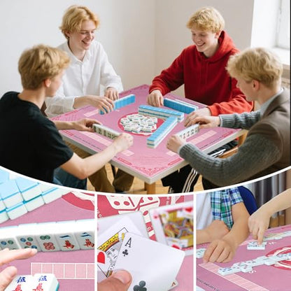 Mahjong Mat with Rules for Table, American Mahjong Table Mats Multi Purpose Anti Slip Noise Reduction Game Table Cover for Poker Card Dominoes Board Tile Games (Pink)