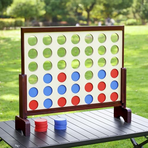 Giant 4 in a Row Game Outdoor and Indoor | Wooden Four in A Row Game Jumbo for Adults and Kids, Yard Games | Family Fun with 42pcs Chips and Durable Carrying Bag.