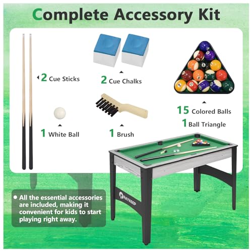 RAYKEEP 4FT/6FT Billiard Table, Portable Pool Table Set, Pool Game Table w/ 2 Cue Sticks, Ball Set for Adults Kids Family Game Room - color: 4FT Green