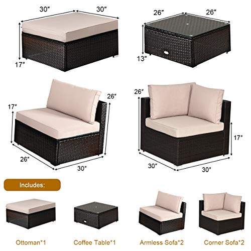 Tangkula 6 Piece Patio Furniture Set, Outdoor Deck Lawn Backyard Durable Steel Frame PE Rattan Wicker Sectional Sofa Set, Conversation Set with Coffee Table (Beige) - color: Beige, size: 6 Pieces