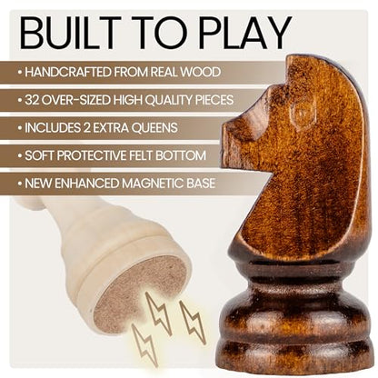 15" Magnetic Wooden Chess Set - Large Folding Portable Travel Chess Board - Hand Carved Pieces - Foam Storage Slots - 2 Extra Queens - Tournament and Beginner Play - Adults and Kids - size: 15"