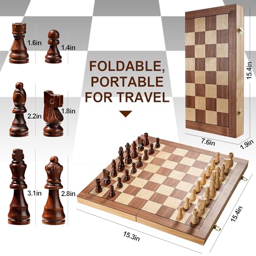 Magnetic Chess Set for Adults & Kids, 15.4 inch Wooden Folding Chess Boards, Handcrafted Portable Travel Chess Game with Pieces Storage Slots, 2 Extra Queens - size: 15.4 inches