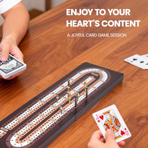 Cribbage Board Game Set, Magnetic Lock & Built-in Storage - 3-Track Foldable Portable Travel Board for Family & Adults to Boost Logic, Focus and Social Fun