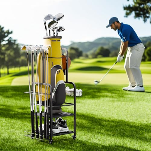 niffgaff Golf Bag Organizer Golfing Storage Stand for Garage Golf Bags Golfing Rack with Wheels Black