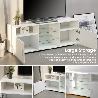 57" Remote RGB Light Media Storage Cabinet, Media Console with Adjustable Glass Shelves, TV Console Stand for Household Game Spaces, White