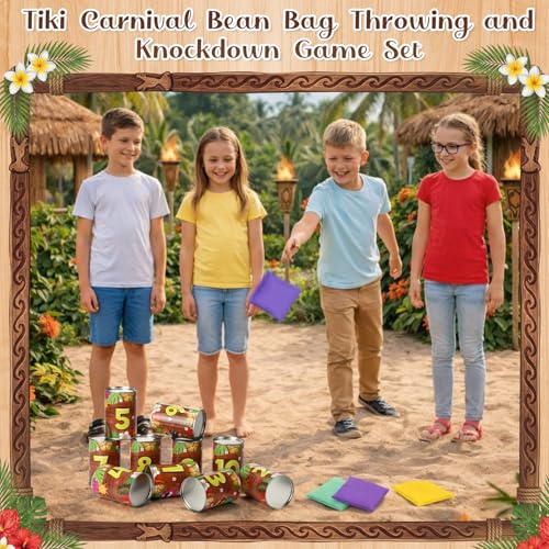 13 Pcs Luau Party Games Luau Tiki Can Toss Game Bean Bag Toss Include 10 Tin Can and 3 Bean Bag for Kids Summer Tiki Family Tropical Hawaii Aloha Indoors Outdoors Activities Party Supplies - style: Tiki Style
