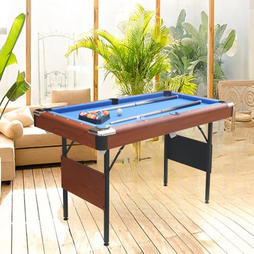 5.3 FT Pool Table Portable Foldable Billiards Table for Kids & Adults with with Balls, Cues, Chalk, Rack & Brush, Compact Space-Saving Game Table for Family Game Room & Office - color: Brown+Blue
