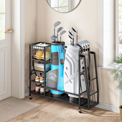 HOOBRO Golf Bag Storage Garage Organizer, Golf Bag Storage Stand Fits 2 Golf Bags and Golf Equipment Rack with Wheels, Extra Storage Rack for Garage, Club, Basement, Black BK49CJ01 - size: 43.3"L x 11.8"W x 33.5"H