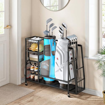 HOOBRO Golf Bag Storage Garage Organizer, Golf Bag Storage Stand Fits 2 Golf Bags and Golf Equipment Rack with Wheels, Extra Storage Rack for Garage, Club, Basement, Black BK49CJ01 - size: 43.3"L x 11.8"W x 33.5"H
