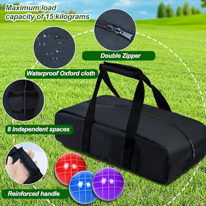 Fockety Bocces Ball Carry Bag with 8 Compartments, Portable Storage Bag for bocces Set, Water Proof Oxford Fabric, Padded Handle and Detachable Shoulder Strap for Outdoor Games
