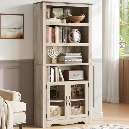 LINSY Bookshelf with Doors, 6 Shelf Bookcase Tall Bookshelves, 73" Farmhouse Book Shelf with Storage Cabinet, Wood Book Shelves for Living Room, Bedroom, Office, Rustic White - color: White