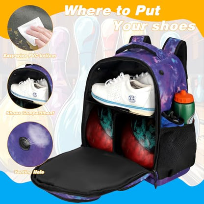 Goloni 2 Ball Bowling Backpack,Bowling Ball Bag with Shoe Compartment & Portective Foam Padded, Fits Shoes Up to US Size 16 - color: Purple Camo