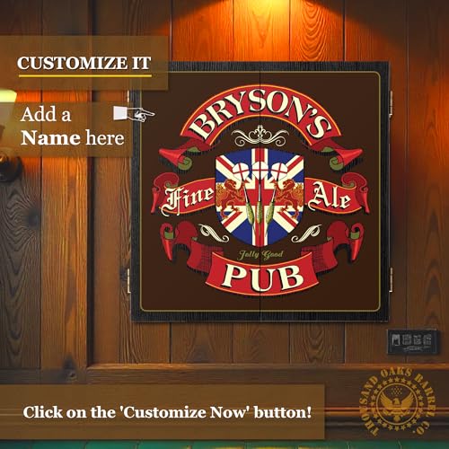 Personalized Dart Board Cabinet Set with 6 Steel Tip Darts, Paper Dartboard, Chalk & Eraser (21.5 x 21.5 x 2.75) - Man Cave Dart Boards for Adults - style: English Pub