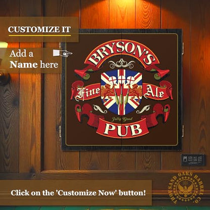 Personalized Dart Board Cabinet Set with 6 Steel Tip Darts, Paper Dartboard, Chalk & Eraser (21.5 x 21.5 x 2.75) - Man Cave Dart Boards for Adults - style: English Pub