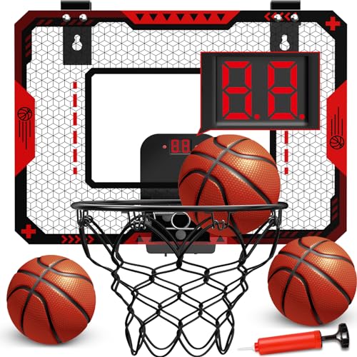 Basketball Hoop Indoor for 5 6 7 8 9 10+ Year Old Boys Kids, Mini Basketball Hoop with Electronic Scoreboard Over The Door, Sport Toys Birthday Gift - color: Red