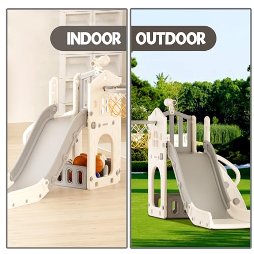 YUFU 5 in 1 Toddler Slide, Kids Slide with Climber, Basketball Hoop and Ball, Outdoor Indoor Playset for Toddlers Age 1-3 (Beige+Gray) - color: Beige+gray
