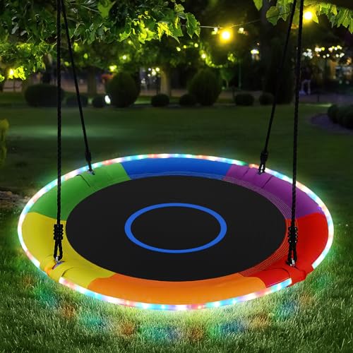 Trekassy 700lbs 40" Saucer Tree Swing for Kids Adults Outdoor with LED Lights, 2 Tree Hanging Straps-Rainbow - color: Rainbow